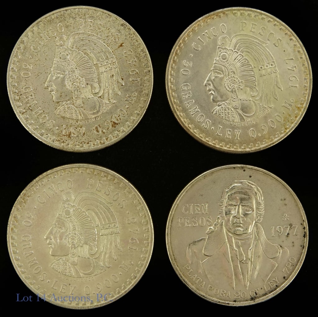 1947 - 1977 Mexico Silver Pesos Coins (4): Four (4) Mexico silver pesos coins (Mexico Mint) as follows: ---1947 Mexico 90% silver Cinco (5) pesos coin (30 grams) (1); ---1948 Mexico 90% silver Cinco (5) pesos coin (30 grams) (2); and ---1977 M