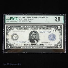 1914 USA $5 Fed Reser Note Blue Seal - PMG VF30