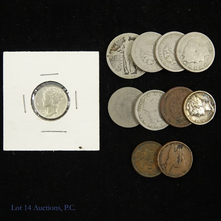 1857 - 1944 USA 90%-Silver & Other Coins (11): Eleven (11) various United States silver, nickel and copper coins as follows: ---1857 flying eagle cent (mintage 17.5 million); ---1898 Indian head cent; ---1899 liberty head 5c; ---1900 liberty head