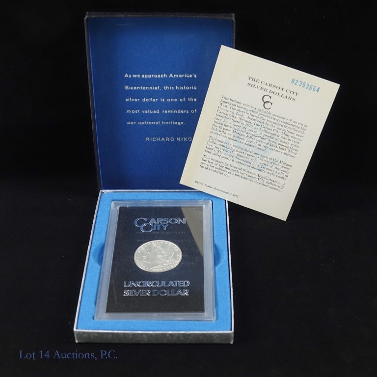 1882-CC USA Silver Morgan Dollar (GSA): 1882-CC silver Morgan dollar (Carson City Mint) in U.S. GSA plastic holder, with box and COA (U.S. Gov #82353664). Designer George T. Morgan. Metal is 90%-silver and weighs 26.73 grams. Mintage is 1,1