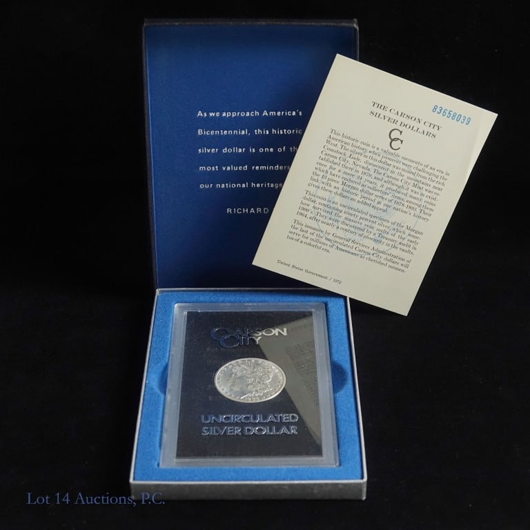 1883-CC USA Silver Morgan Dollar (GSA): 1883-CC silver Morgan dollar (Carson City Mint) in U.S. GSA plastic holder, with box and COA (U.S. Gov #83658039). Designer George T. Morgan. Metal is 90%-silver and weighs 26.73 grams. Mintage is 1,2