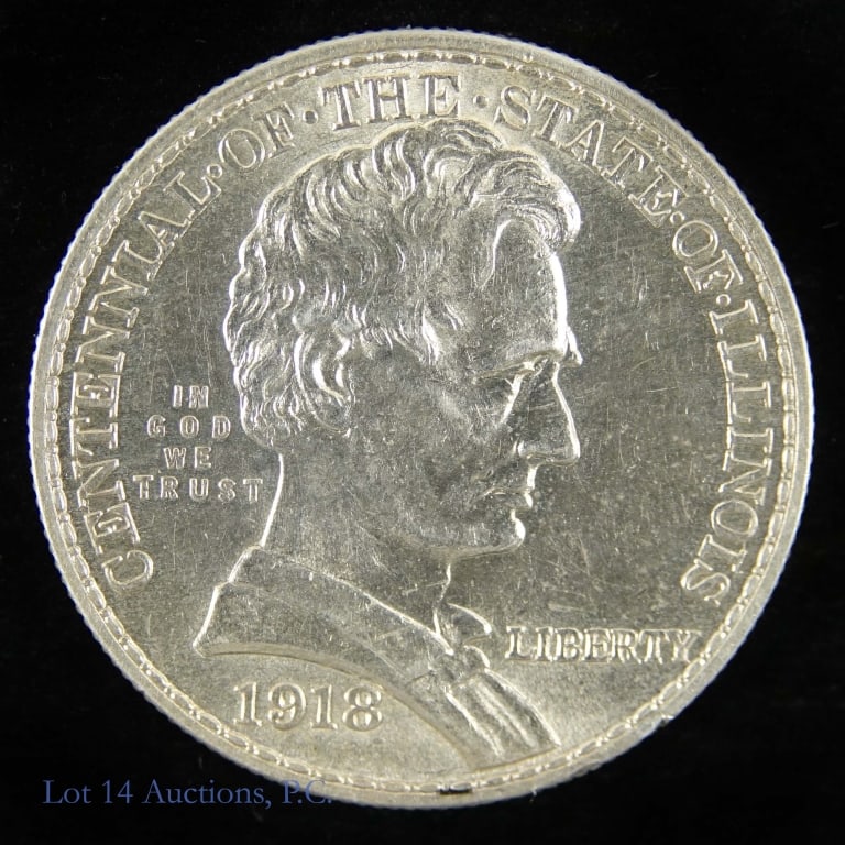 1918 USA Silver Illinois Centennial 50c: 1918 United States silver Illinois centennial commemorative half dollar (Philadelphia Mint) features Lincoln on obverse, designed by George T. Morgan and reverse J.R Sinnock. Per consigner in CH BU co