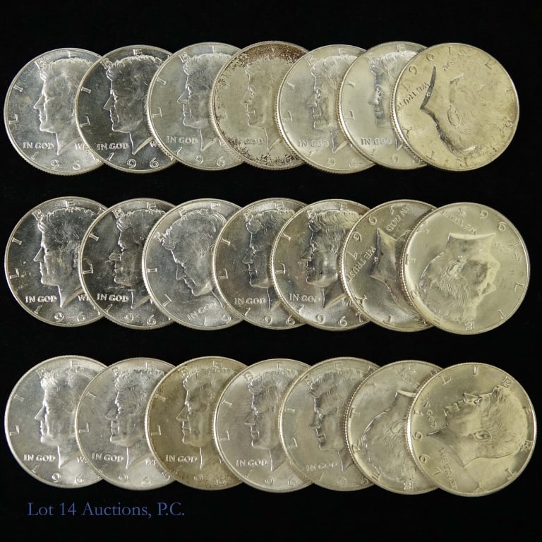 1965 - 1970 USA 40%-Silver Kennedy Half Dollars 21: Twenty-one (21) 1965 to 1970 United States 40%-silver Kennedy half dollars. Estimated ASW is 3.1 ozt. *** Lot 14 Auctions is not a professional numismatic grading agency. Consigner descriptions are pr