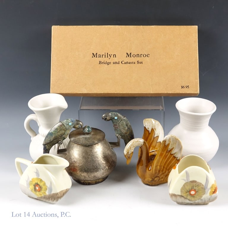Van Briggle Porcelain, Clarice Cliff C&S, Marilyn Monroe & More: Van Briggle Porcelain swan. Marilyn Monroe Card Set, 6 Pottery Pieces, and 1 Sugar Container. The Marilyn Monroe Bridge and Canasta Set contains 4 coasters and 2 sets of cards. One set of cards is sea
