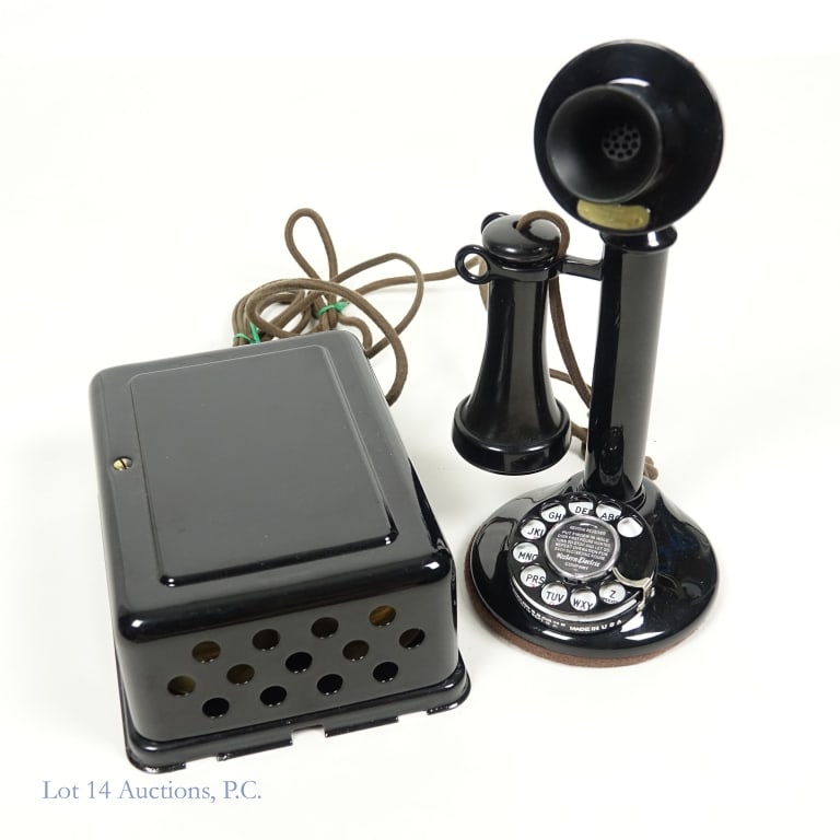 Rotary Candlestick Working Phone Ringer Box: Western Electric rotary dial working candlestick telephone. Fully restored. Includes ringer box. Ringer box measures approximately 9" x 6.5" x 3.5" and weighs approximately 5lbs. Telephone is approxim