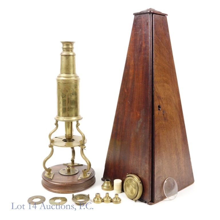 Culpeper-Type Brass Microscope (19th Century): 19th century Culpeper-type brass microscope on wooden base. Approximately 11.25" tall as shown. Diameter of base approximately 4.5". Comes in original wood box. Drawer includes mirror and three object