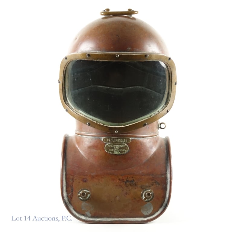 Diver's Helmet A. J. Morse & Son Copper & Brass: A. J. Morse & Son (Inc.) Diver's Helmet. Second quarter of the twentieth century. Copper and brass with a single piece curved glass visor. Front and back weight screws include original wingnuts. All 4