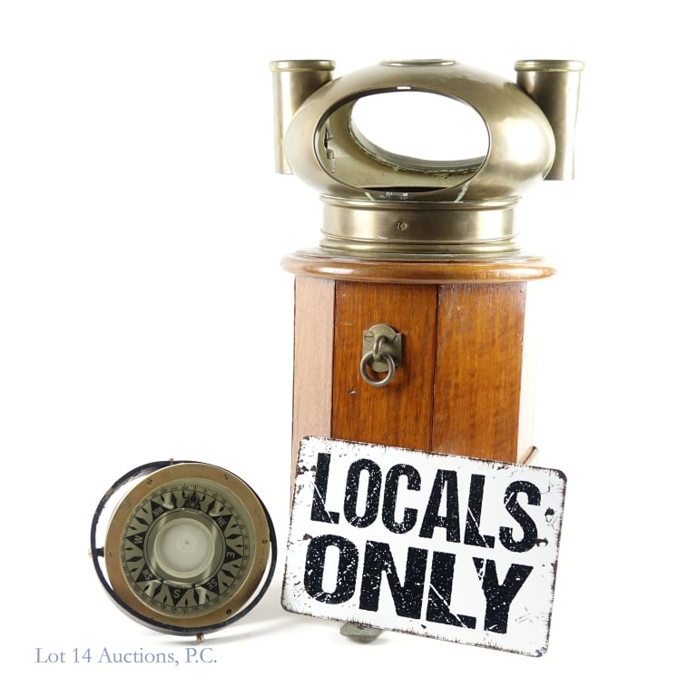 Nautical Binnacle & Compass Brass & Wood: Nautical binnacle and compass. Binnacle is brass with a wood base. Glass window on the front and on the top. Opening on the back. Gas lamps on the sides. One of the gas lamps is missing porcelain wick