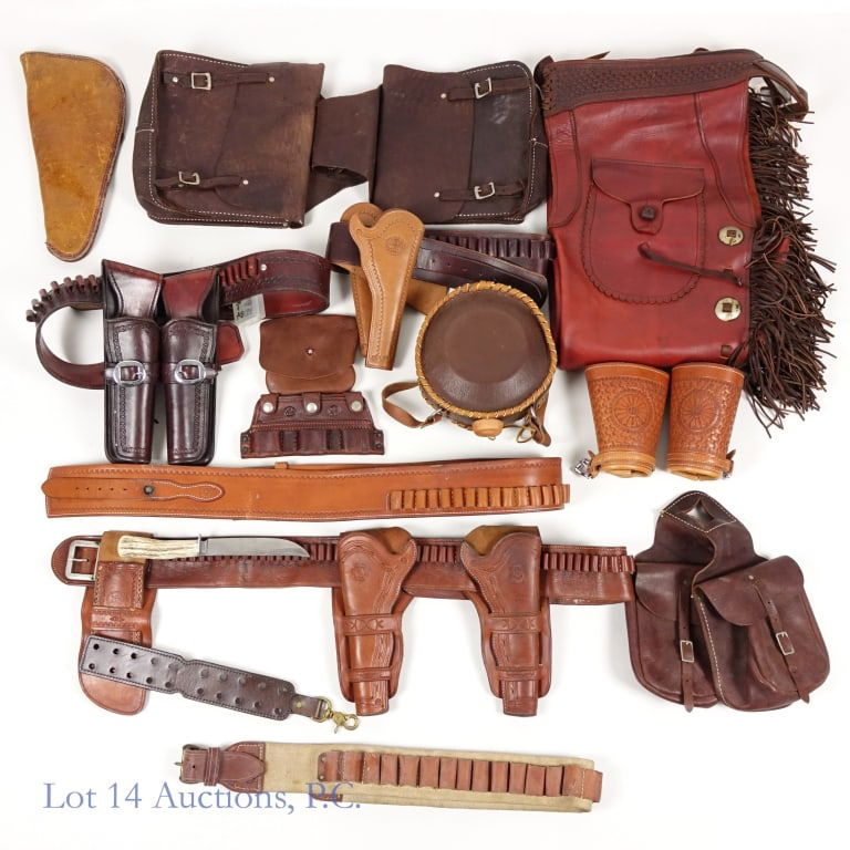 Leather Holsters, Belts, Western Wear (13): 13 pieces of leather western wear. Items include: 4 holster belts, 2 holsters for guns & knives, 2 pouches, 1 purse, 1 pair of cuffs, 2 messenger belts, and 1 cowboy chap. See photos for more details