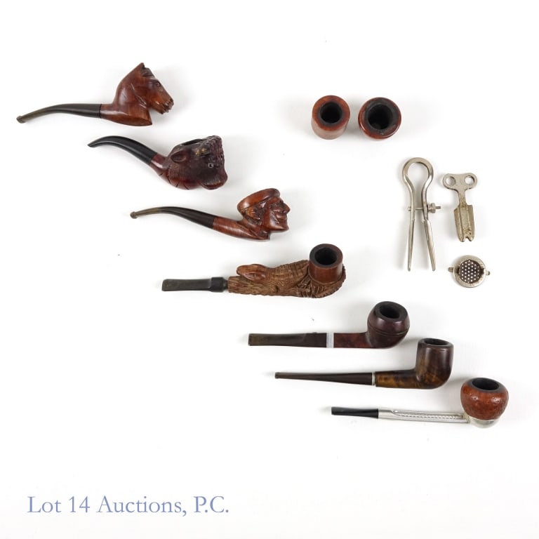 Tobacco Pipes & Pipe Tools (7+5): A collection of 7 wooden carved tobacco pipes with 5 tools. Some labels include Maxman, Falcon, LHS, and Lexington. Tools include 2 bowls, 1 pipe reamer, 1 cleaner (?) and 1 pipe cover.