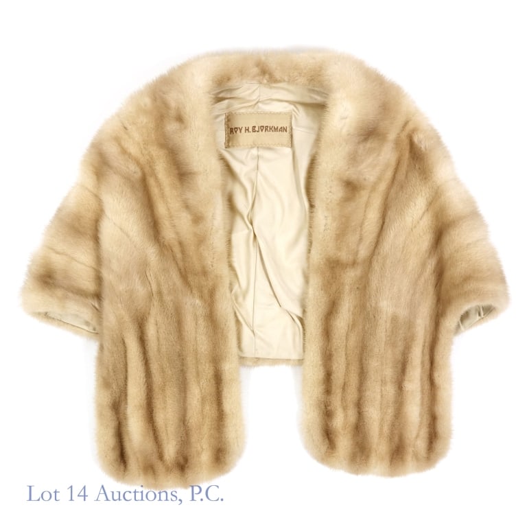 Roy H. Bjorkman Mink Fur Stole: Mink stole by Roy H. Bjorkman. Stole length approximately 18". Top-to-Top approximately 18.5". Some light staining on the inner lining. "Violet W" stitched into the bottom of the inner lining.
