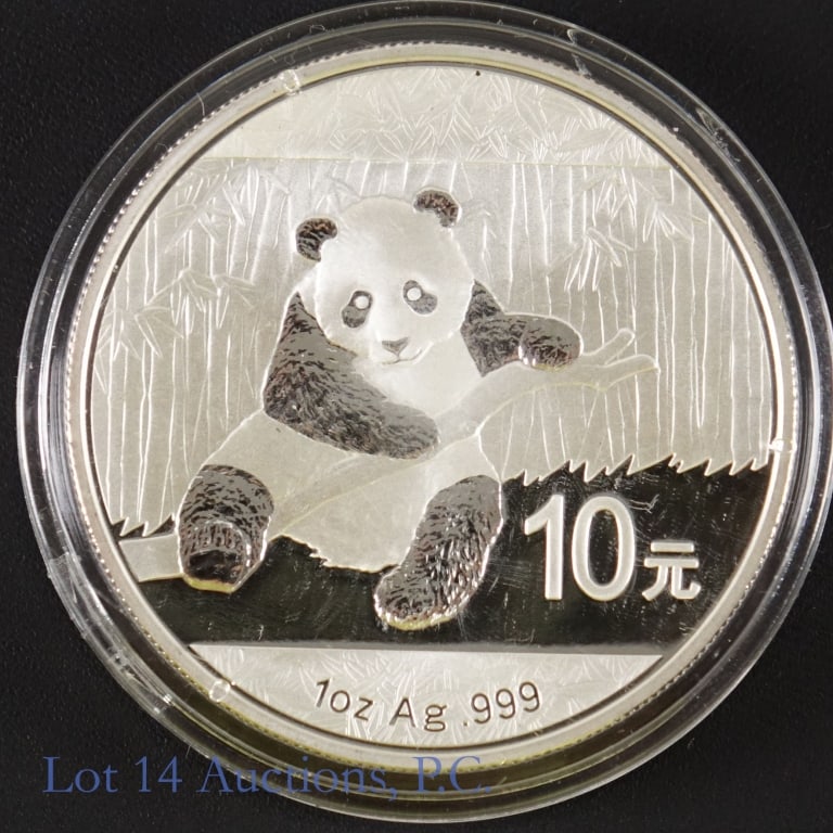 2014 China .999 Fine Silver 1ozt. Panda: 2014 China 10 yuan Silver Panda bullion coin. 1 troy ounce of 0.999 fine silver. This coin appears to be brilliant uncirculated. *** Lot 14 Auctions is not a professional numismatic grading agency. Co