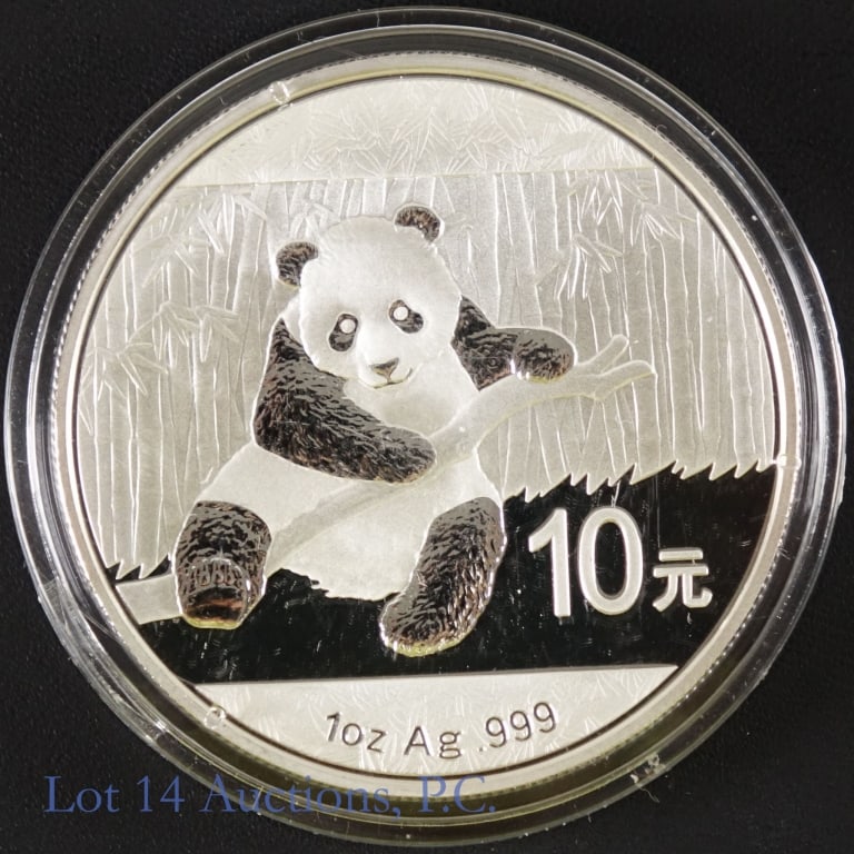 2014 China .999 Fine Silver 1ozt. Panda: 2014 China 10 yuan Silver Panda bullion coin. 1 troy ounce of 0.999 fine silver. This coin appears to be brilliant uncirculated. *** Lot 14 Auctions is not a professional numismatic grading agency. Co