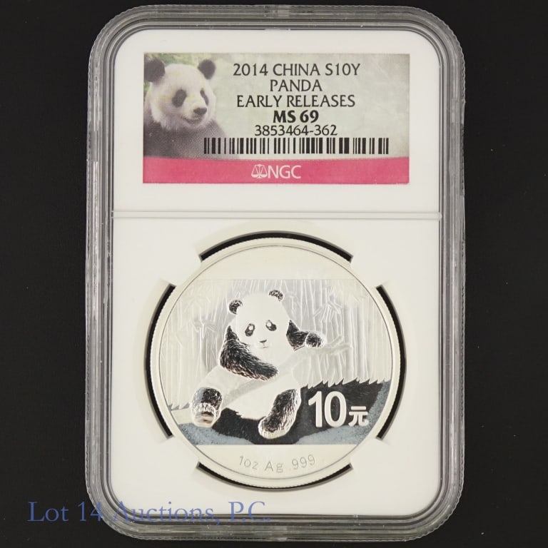 2014 China Silver Panda (NGC MS69 Early): 2014 China 10 yuan Silver Panda bullion coin. 1 troy ounce of 0.999 fine silver. Graded by NGC as MS69 and designated and Early Release (3853464-362). We have confirmed this number on the PCGS website
