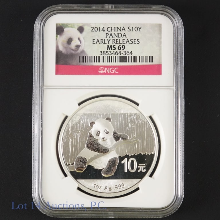 2014 China Silver Panda (NGC MS69 Early): 2014 China 10 yuan Silver Panda bullion coin. 1 troy ounce of 0.999 fine silver. Graded by NGC as MS69 and designated and Early Release (3853464-364). We have confirmed this number on the PCGS website