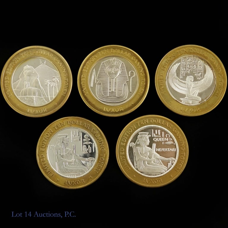 99.9% Silver Luxor $10 Gaming Tokens Ltd. Ed. (5): Five (5) United States 99.9% silver Luxor casino limited edition $10 gaming tokens. Weighs approximately 1.2 ozt each token with casino gaming value of $50. Silver content confirmed on Lot 14 Auctions