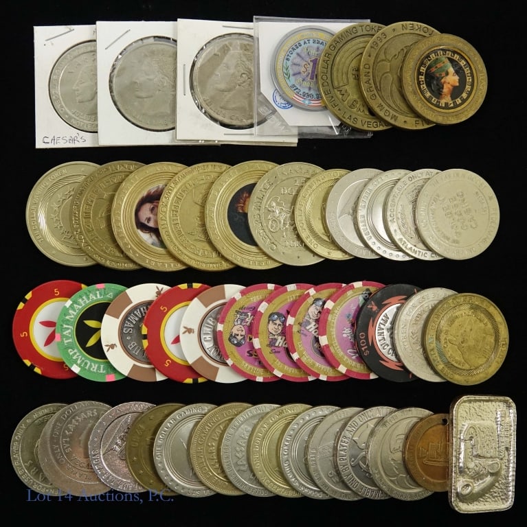 Various Casino Gaming Tokens & Other Exonumia +43: More than forty-three (43) various denominations of casino gaming tokens and other exonumia. Two pieces test as 90% silver: San Juan Puerto Rico 8c stamp commemorative silver bar - tests as 90% silver