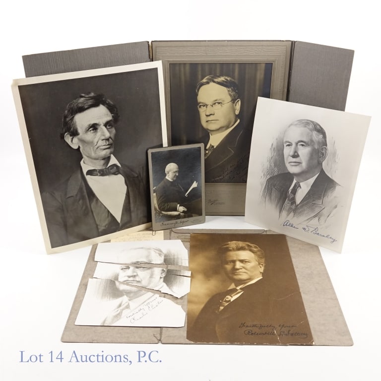 Historical & Political Pictures - Some Signed (6): Alben Barkley (1877-1956) signed picture of a Leon Perskie sketch. Approximately 7.5" x 10" Black & white. Some light wear. ***** Hiram Warren Johnson (1866-1945) signed black & white photo. Signed "I