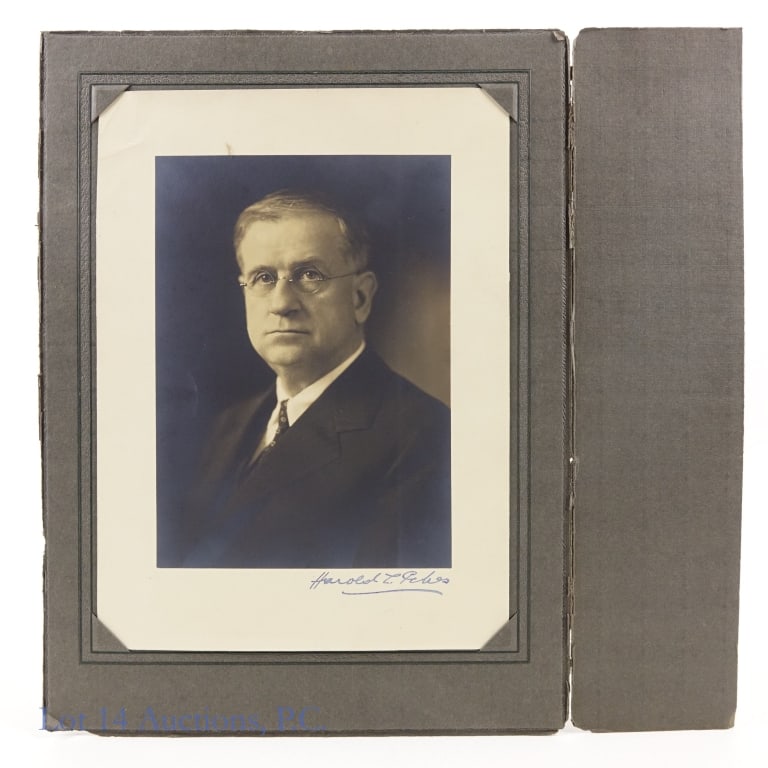 Harold Ickes (1874-1952) Signed Photo, Int. Sec'y: 6-7/8" x 9-3/8" black & white photo signed in the lower margin by Harold L. Ickes (1874--1952). Harold L. Ickes served as Secretary of the Interior from 1933 - 1946 - the second longest tenure of any 