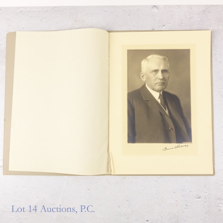 Frank B. Kellogg Autographed Picture: Picture of Frank Kellogg, signed "Frank B. Kellogg" below the photo reproduction in the "margin". Actual photograph surface approximately measures 6" x 9". Entire page approximately measures 9-11/16" 