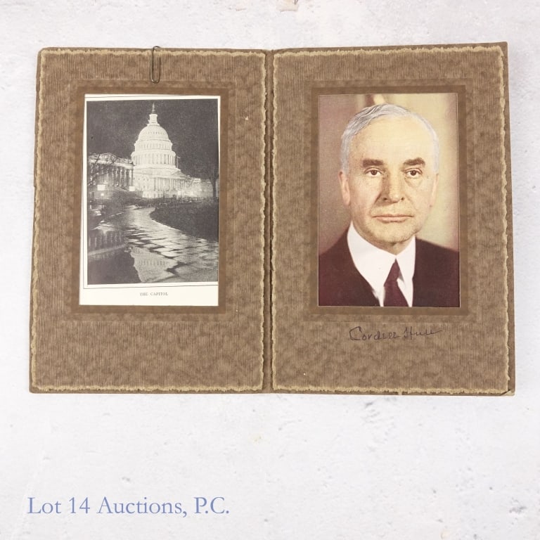 Cordell Hull Autograph and Picture: Picture of Cordell Hull (appears to have been cut from a publication) in a photographic folder. Below the picture on the folder is signed "Cordell Hull". There is a picture of the Capitol Building in 