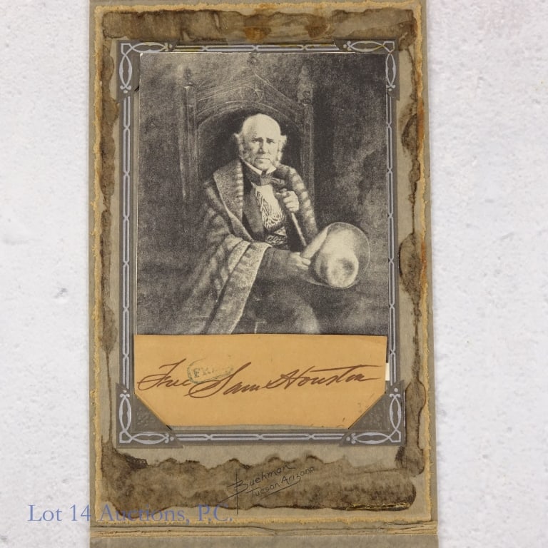 Sam Houston Cut Autograph & Picture: Cut signature (believed to be from an envelope): "Free Sam Houston". There is the remnant of a "FREE" stamp between the words "Free" and "Sam". Paper measures approximately 4" x 1.5". Picture appears 