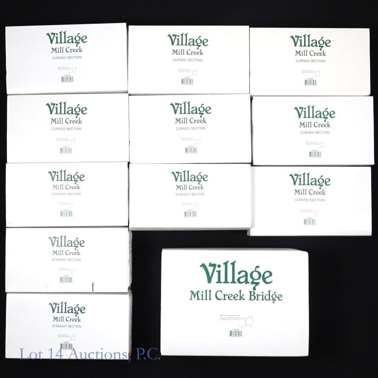 Dept 56 Village Mill Creek & Bridge in Boxes, 12: Department 56 Village Mill Creek 12 pieces. Lot Includes 4 straight sections, 7 curved sections and 1 Bridge. In original boxes.
