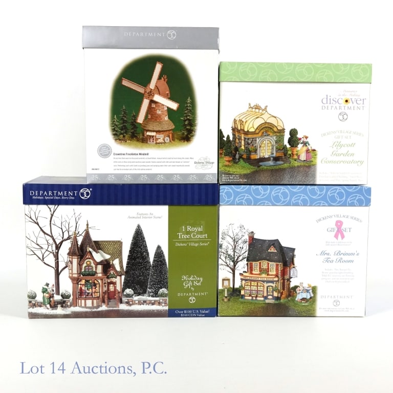 Department 56 Dickens' Village Series (4): Department 56 Dickens' Village Series. Includes: 1 Royal Tree Court; Crowntree Freckleton Windmill; Lilycott Garden Conservatory; and Mrs. Brimm's Tea Room. In original boxes.