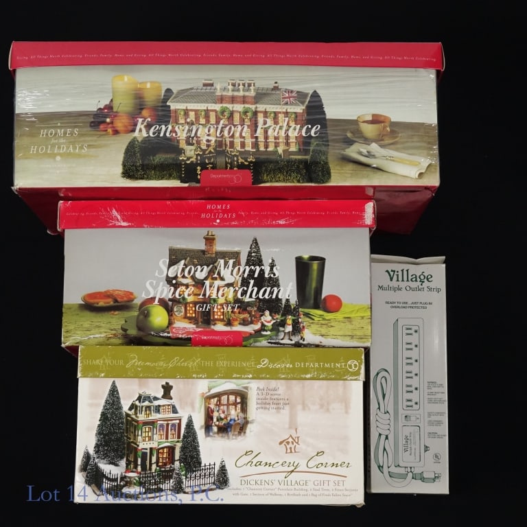 Department 56 Dickens' Village Gift Set (4): Department 56 Chancery Corner, Kensington Palace, Seton Morris Spice Merchant and Village multiple outlet strip. In original boxes. Kensington Palace Box unglued at the seams. Includes: Kensington Pal