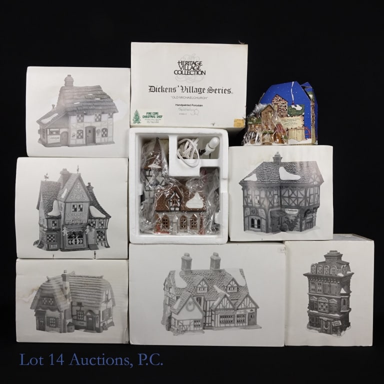 Department 56 Dickens' Village Series (8): Department 56 Heritage Village Collection Dickens' Village Series. 8 pieces. In original boxes. Includes: T. Puddlewick Spectacle Shop; The Flat of Ebenezer Scrooge; Mr. & Mrs. Pickle; Old Michaelchur