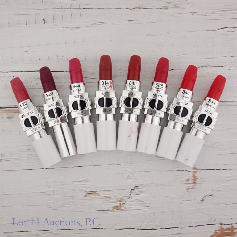 Dior Rouge Lipsticks Various Shades (8): Seven tubes of Dior Rouge Lipstick in the following shades: Metallic 525; Matte 888, 814, 964; Satin 844, 849, 844, 644. These are brand new and unopened tester containers.