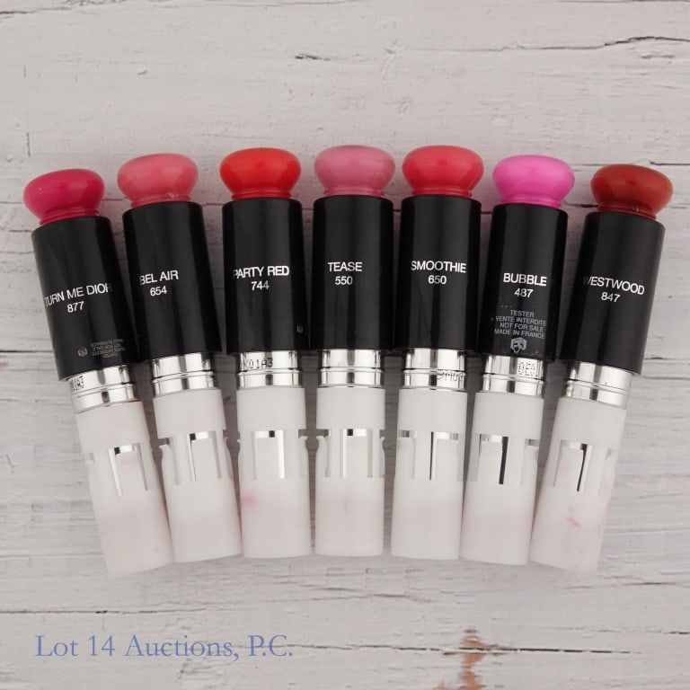 Dior Addict Lacquer Stick Various Shades (7): Seven tubes of Dior Addict Lacquer Stick in the shades 550, 654, 744, 877, 650, 487, 847. These are brand new and unopened tester containers.