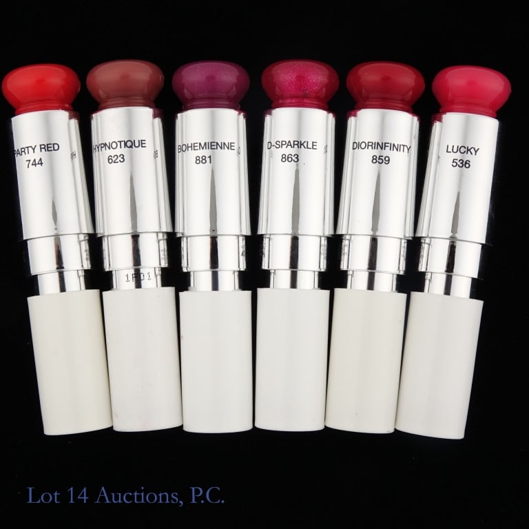 Dior Addict Stellar Shine Various Shades (6): Six tubes of Dior Addict Stellar Shine lipstick in the following shades: 744, 863, 536, 623, 859, 881. These are brand new and unopened tester containers. Some appear slightly damaged from travel and 