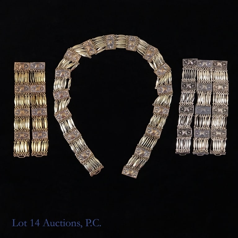 Sterling Bracelets (2) & Taxco Jewelry: Two sterling Taxco bracelets 73g (2.34ozt). Also two non sterling Taxco bracelets and one non sterling silver tone belt. Four (4) vintage bracelets and one belt in the Taxco link and panel style. (All