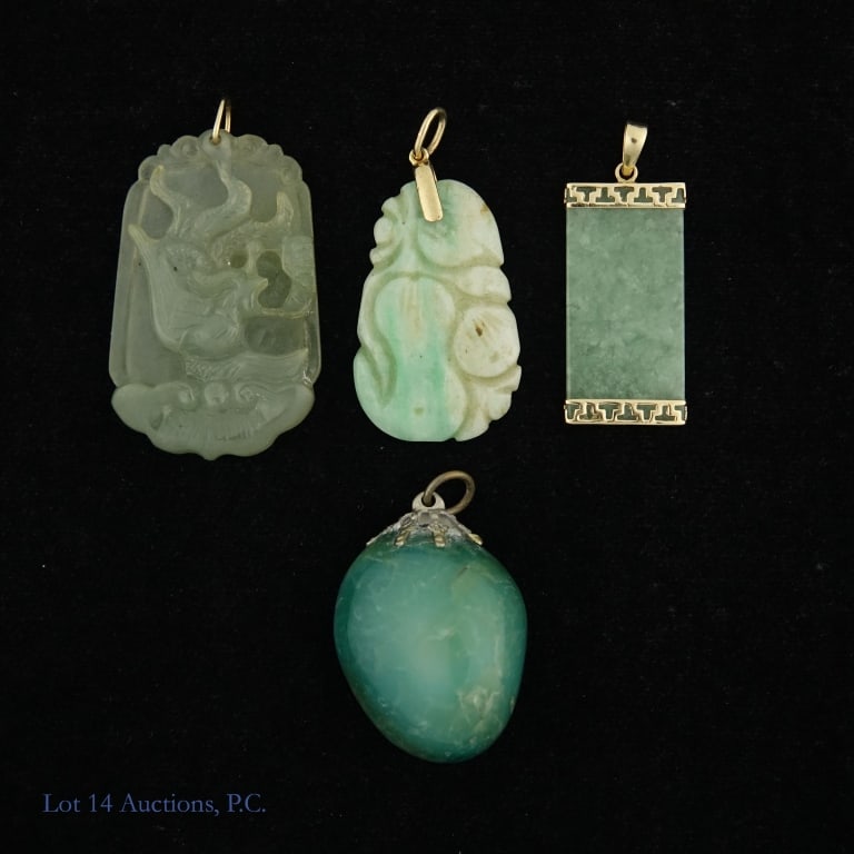 Jade and Gold Pendants (4): Lot of four jade pendants with gold beads. Three bails passed our 14k gold test and one passed the 10k gold test. They all appear to be genuine jade.