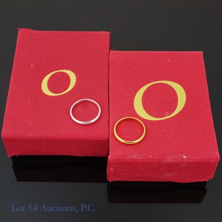 10k White & Yellow Gold Rings (2): Two rings: One white gold, one yellow gold. Both marked "10 K S". Both test electronically as 10 karat gold. Both are size 4.5. The yellow gold ring weighs 1.15 grams. The white gold ring weighs 1.1 g