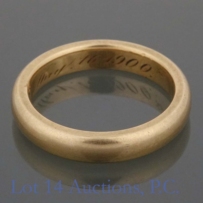14k Y Gold Wedding Band / Ring (Dated 1900): Yellow gold wedding band / ring. Marking is obscured, but electronically tests as 14 karat gold. Inside engraved "W to A. May 16, 1900". Size 6.25. Weight: 6.55 grams.