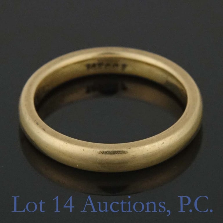 14k Y Gold Ring (George Carter Jessop?): Yellow gold ring marked "14k GCJ" - the three initials are partially faded, this is a reference to George Carter Jessop - a prominent San Diego jeweler. Tests electronically as 14 karat gold. Size: 5.