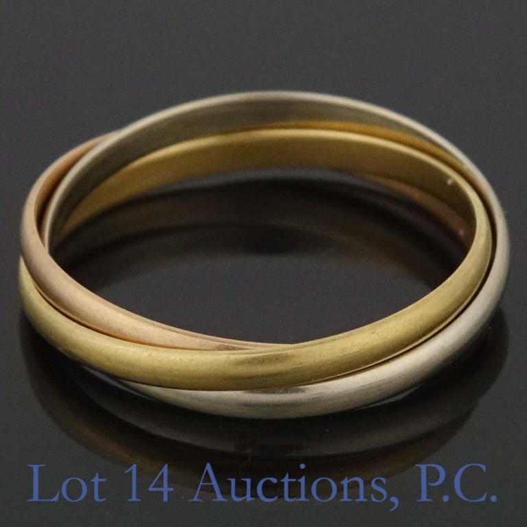 14k W-Y-R Gold Trinity Band / Russian Wedding Ring: Three interlocking rings - one white, one yellow, one rose in color - typically referred to as a trinity ring or Russian-style wedding ring. Electronic testing was inconclusive, but acid testing confi