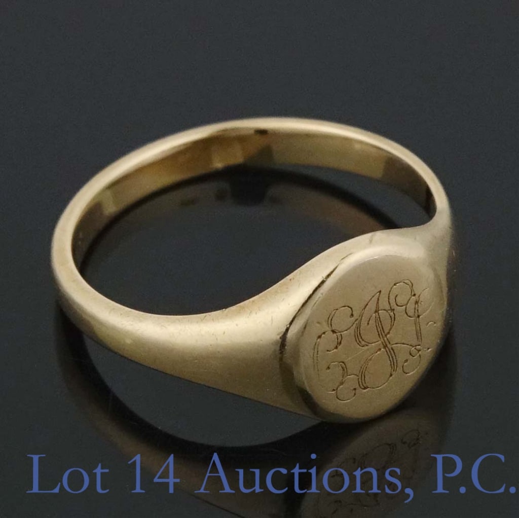 14k Y Gold Monogram Ring (James Avery): Yellow gold monogram ring (Initials "C" and "L" with "J" in the middle). Stamped "(copyright" Avery 14K". Electronically tests as 14 karat gold. Size 4.75. Weight 2.8 grams. Some wear.