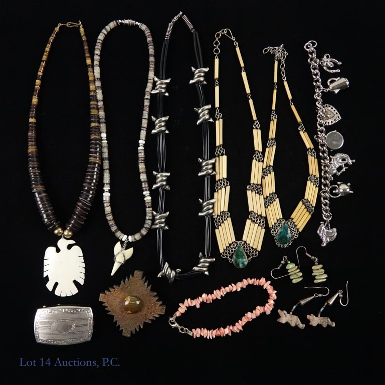 Mixed Native American Style and Other Jewelry: Mix of Native American inspired / made jewelry and other jewelry. Two pairs of fetish earrings, barbed wire necklace, beaded necklaces with shark's tooth and carved Eagle, brooch signed "Schiff", bead