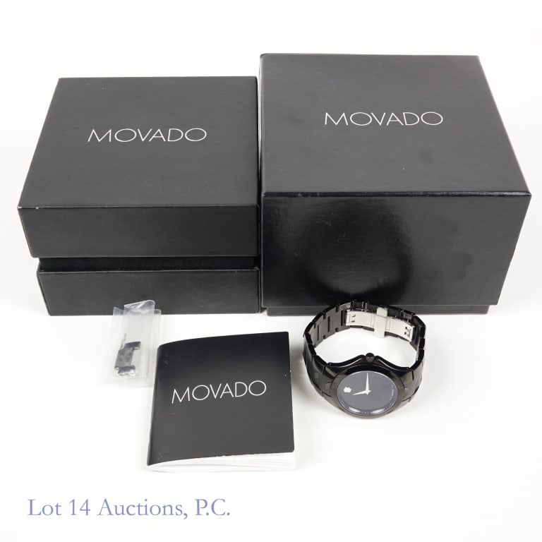 Movado Black Stainless Steel Men's Watch: Movado Black Stainless Steel Men's Watch. Model 84 G1 1853 A. Fully black watch. With original box and manual. Seems to be a few small scratches on the band. See photos for more details on condition.