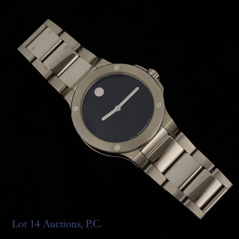 Movado Bold Stainless Steel Men's Watch: Movado Bold Stainless Steel Men's Watch. Model 12 3 14 1054. Black dial. With original box. Seems to be a few small scratches on the band. See photos for more details on condition.