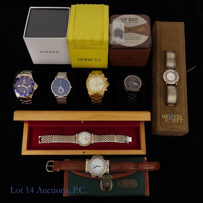 Wristwatches - Fossil, Invicta, Skagen (7): Assortment of 7 wristwatches. Includes: Fossil Chelsey Women's Watch. Model ES3451. Black band and dial with copper-toned accents. With original box. **** Invicta Pro Diver Gold Flame Fusion Crystal M