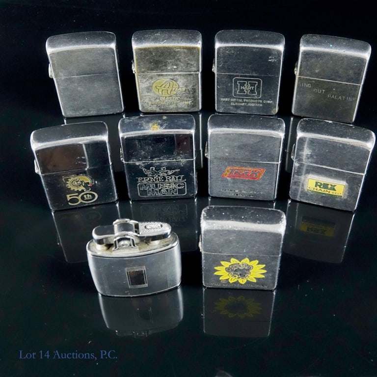 Zippo Ronson Advertising Lighters (10): 10 lighters - one from Ronson and nine from Zippo. All lighters have been previously fired and show wear from normal use. None of the lighters have been tested in-house.