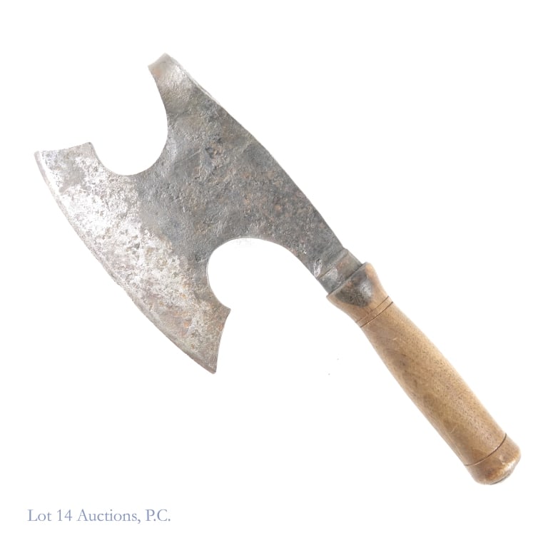 Hand Forged Bird's Head Cleaver (Bruce LePage?): Hand forged bird's head cleaver - attributed to Bruce LePage (b. 1946, American). Turned wood handle. Blade approximately 6.25" across. Overall length: 11.75". Weight: 1.75 pounds (810 grams).