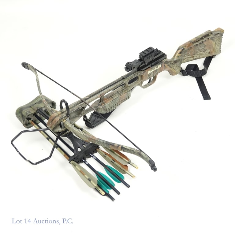 Crossbow Jaguar CR-013 (6) Arrows Camouflage: Jaguar Crossbow CR-013. Composite stock with fiberglass limbs. In camouflage color. Includes 3 Barnett 16" bolts, 3 unbranded 16" bolts and a shoulder sling. Lot 14 recommends local pick up and will n