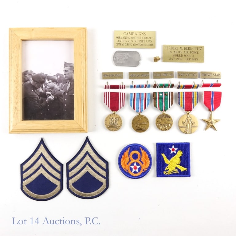 WWII USAAF Medal & Patch Collection: Collection of WWII medals, patches, and picture from one individual. Medals and ribbons include bronze star, Army Good Conduct Medal, European-African-Middle Eastern Campaign medal (with silver & Bron