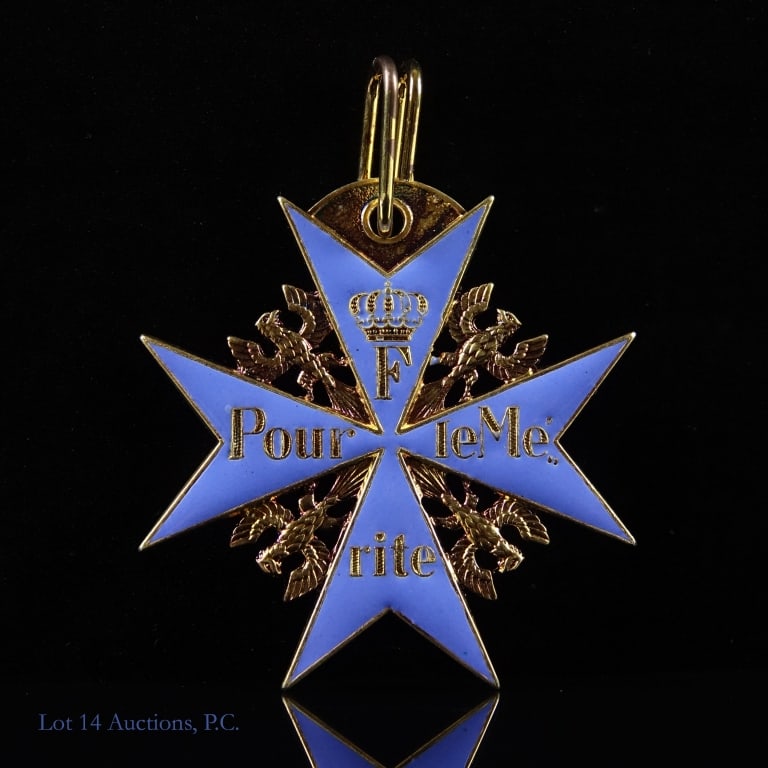Pour Le Merite (Blue Max) Medal (Jeweler's Copy): Jeweler's copy of the Pour Le Merite (or "Blue Max" medal). Enamel and gilt-metal with fine detail. Unmarked. Some tarnishing to the metal. Approximately 2-1/8" across. Weight: 34.25 grams. The Pour L