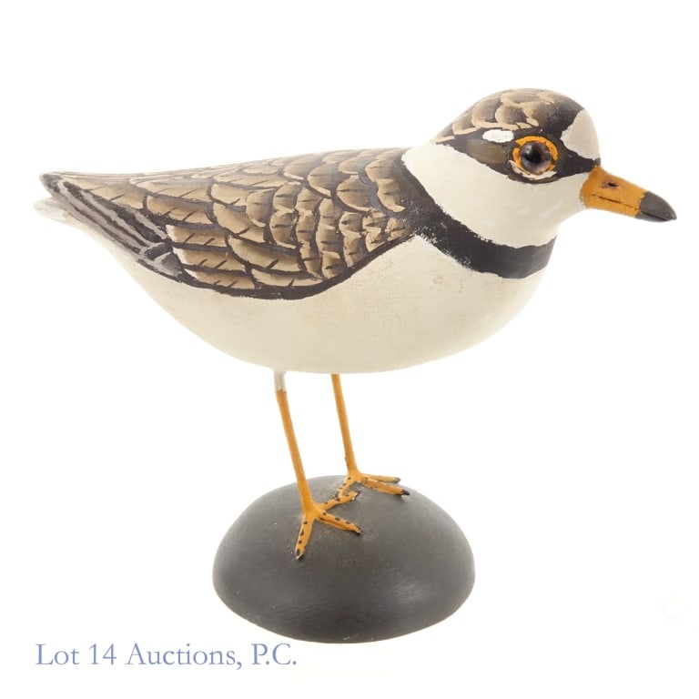 James Lapham Ring Neck Plover Carving / Decoy: A ring neck plover decoy sculpture by James Lapham. Signed and identified on the bottom of the base. Measures approximately 4.75" tall with base.